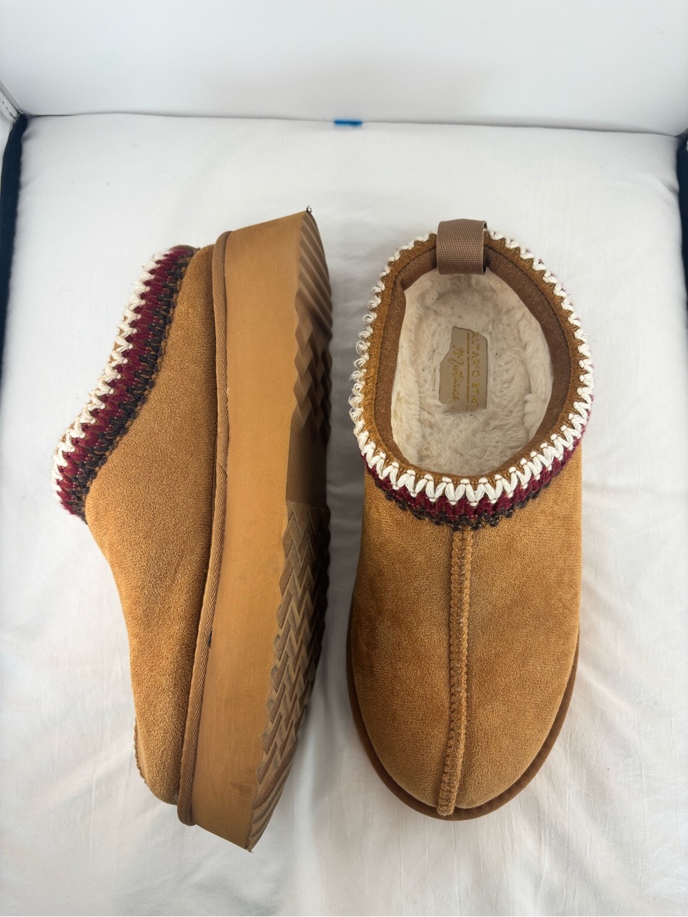 Altar'd State Tan Suede Fleece-Lined Slip-On Slippers with Trim